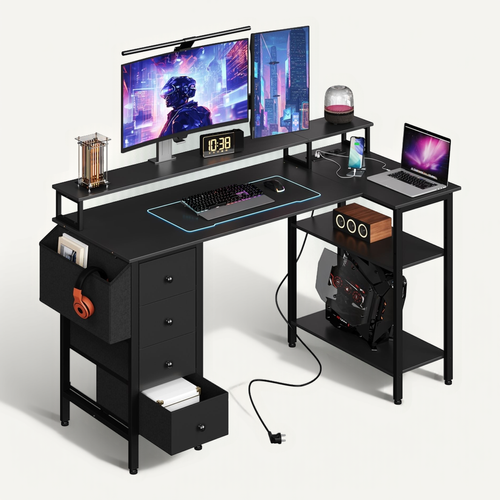 Bureau PC Gaming Angle Table En L Avec Support D'écran 4 Tiroirs 2 Étagère, 140*68 Cm L Noir