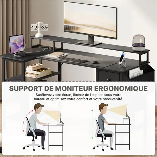 Bureau PC Gaming Angle Table En L Avec Support D'écran 4 Tiroirs 2 Étagère, 140*68 Cm L Noir