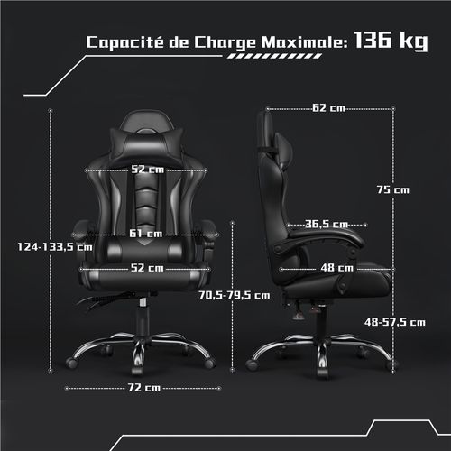 Fauteuil Gaming En Simili Avec Coussin Lombaire Massant Appui-tête Amovible Noir