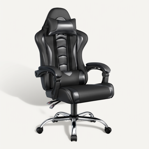 Fauteuil Gaming En Simili Avec Coussin Lombaire Massant Appui-tête Amovible Noir