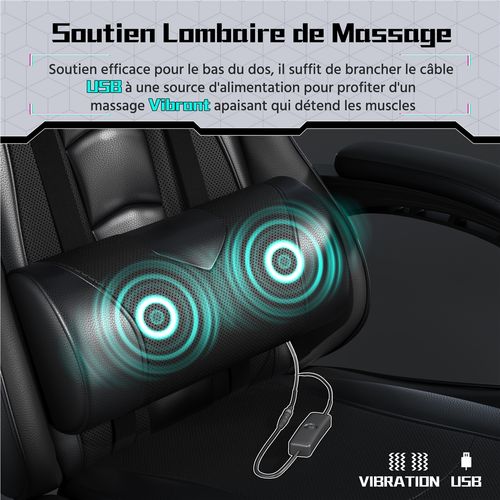 Fauteuil Gaming En Simili Avec Coussin Lombaire Massant Appui-tête Amovible Noir