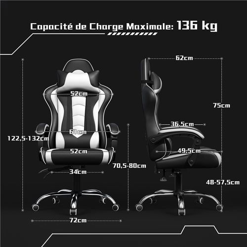 Fauteuil Gaming En Simili Avec Coussin Lombaire Massant Appui-tête Amovible Noir/blanc