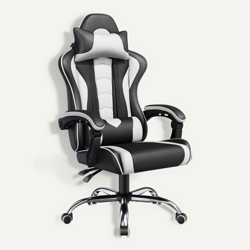 Fauteuil Gaming En Simili Avec Coussin Lombaire Massant Appui-tête Amovible Noir/blanc