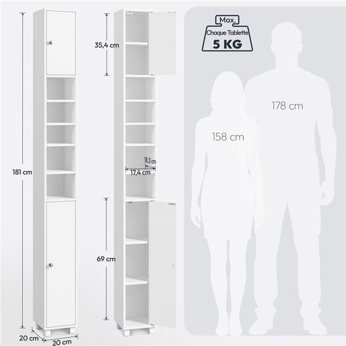 Armoire De Salle De Bain Haute Étroite Colonne Avec Étagère Réglable 181 Cm Blanc
