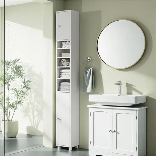 Armoire De Salle De Bain Haute Étroite Colonne Avec Étagère Réglable 181 Cm Blanc