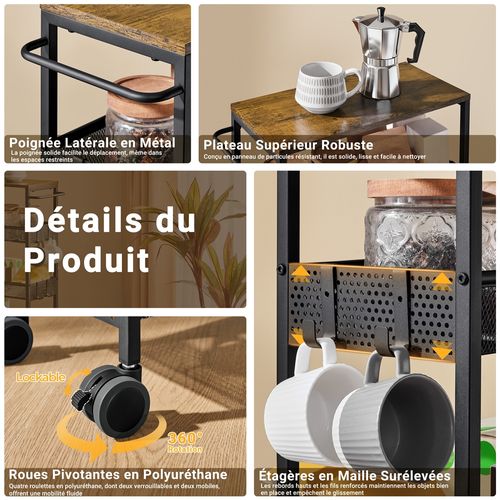 Chariot De Cuisine 4 Niveaux Sur Roues Avec 6 Crochets Brun Rustique