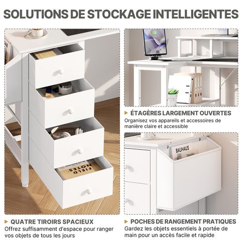 Bureau Gaming Angle Table En L Réversible Avec Support D'écran 4 Tiroirs 2 Étagère 120*68 Cm , Blanc