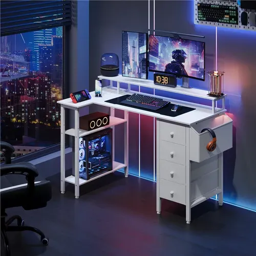 Bureau Gaming Angle Table En L Réversible Avec Support D'écran 4 Tiroirs 2 Étagère 120*68 Cm , Blanc