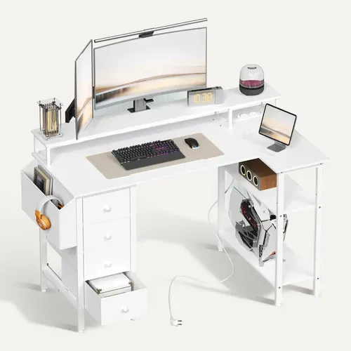 Bureau Gaming Angle Table En L Réversible Avec Support D'écran 4 Tiroirs 2 Étagère 120*68 Cm , Blanc