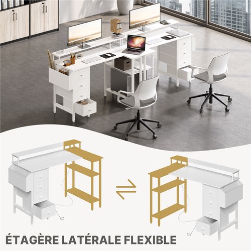 Bureau Gaming Angle Table En L Réversible Avec Support D'écran 4 Tiroirs 2 Étagère 120*68 Cm , Blanc