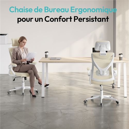 Chaise De Bureau Ergonomique En Maille Avec Accoudoirs Relevables à 90° Charge Max 150kg beige