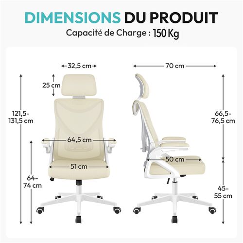 Chaise De Bureau Ergonomique En Maille Avec Accoudoirs Relevables à 90° Charge Max 150kg beige
