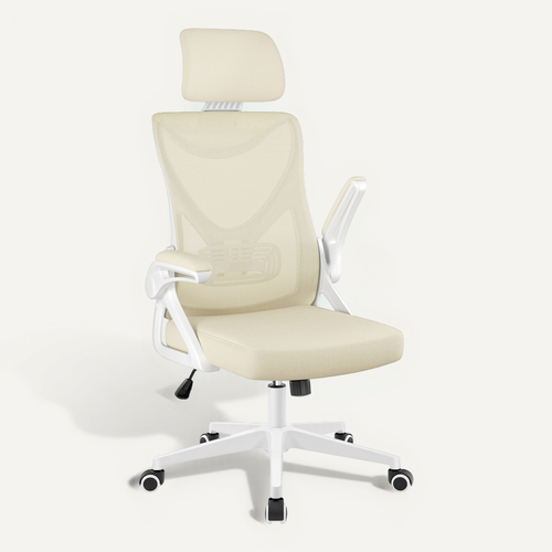 Chaise De Bureau Ergonomique En Maille Avec Accoudoirs Relevables à 90° Charge Max 150kg beige