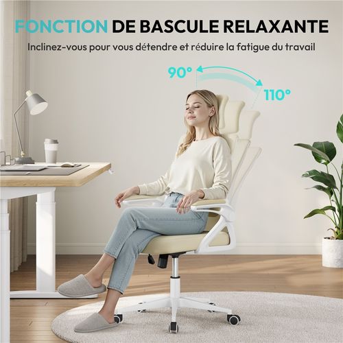 Chaise De Bureau Ergonomique En Maille Avec Accoudoirs Relevables à 90° Charge Max 150kg beige