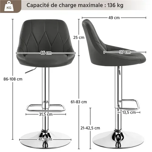 Lot De 6 Tabourets De Bar Moderne Avec Assise Pivotante Réglable En Hauteur Gris Foncé