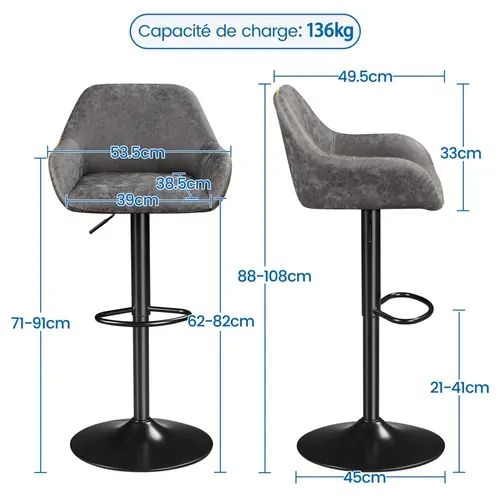 Lot De 4 Tabourets De Bar Vintage En Simili Pu Gris