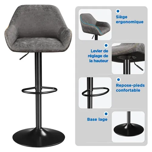 Lot De 4 Tabourets De Bar Vintage En Simili Pu Gris
