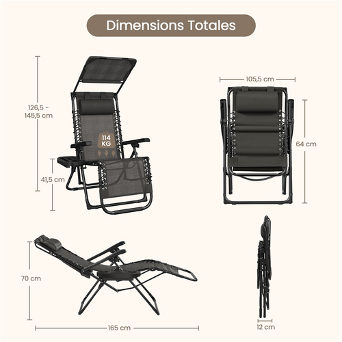 Fauteuil Zéro Gravité Extérieur Avec Pare-soleil Gris Foncé