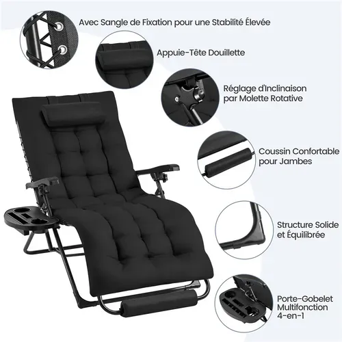 Fauteuil De Jardin Zéro Gravité Extensible Avec Coussin Noir