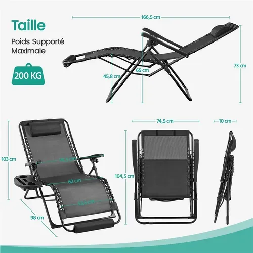 Fauteuil De Jardin Zéro Gravité Extensible Avec Coussin Noir