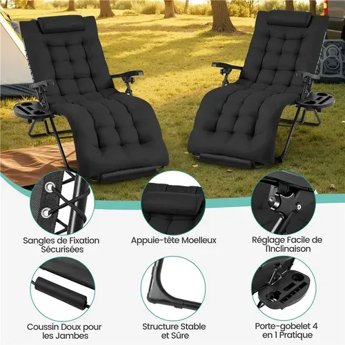 Fauteuil De Jardin Zéro Gravité Extensible Avec Coussin Noir