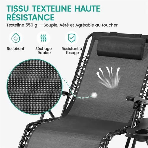 Fauteuil De Jardin Zéro Gravité Extensible Avec Coussin Noir