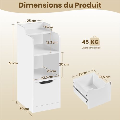 Table De Nuit étroite Avec 1 Tiroir Avec 2 Compartiments Ouverts Blanc
