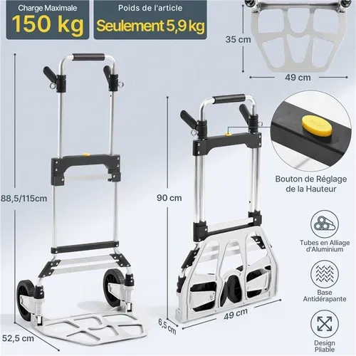 Diable Pliant En Aluminium Avec Poignée Réglable Tendeur élastique Gants Capacité 150 Kg Argent