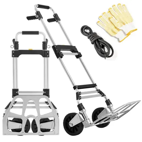 Diable Pliant En Aluminium Avec Poignée Réglable Tendeur élastique Gants Capacité 150 Kg Argent