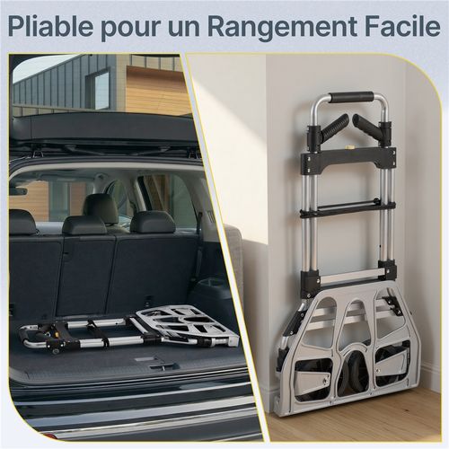 Diable Pliant En Aluminium Avec Poignée Réglable Tendeur élastique Gants Capacité 150 Kg Argent