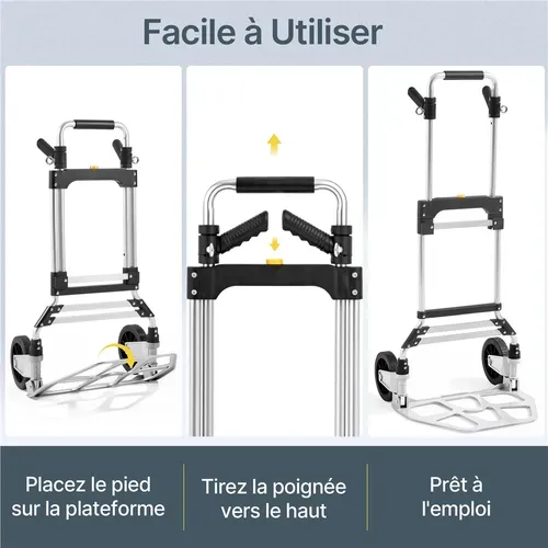 Diable Pliant En Aluminium Avec Poignée Réglable Tendeur élastique Gants Capacité 150 Kg Argent