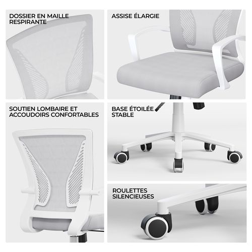 Chaise Bureau En Mesh Inclinable Pivotant Assise Réglable 35-45 Cm Charge 136 Kg Gris Clair