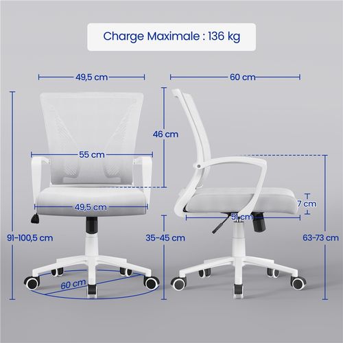Chaise Bureau En Mesh Inclinable Pivotant Assise Réglable 35-45 Cm Charge 136 Kg Gris Clair
