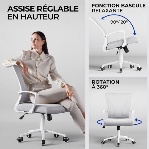 Chaise Bureau En Mesh Inclinable Pivotant Assise Réglable 35-45 Cm Charge 136 Kg Gris Clair