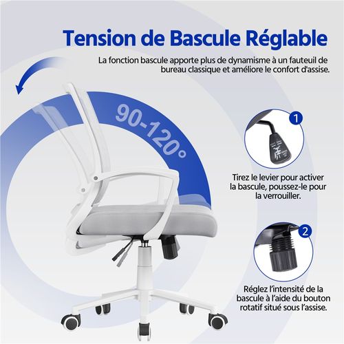 Chaise Bureau En Mesh Inclinable Pivotant Assise Réglable 35-45 Cm Charge 136 Kg Gris Clair