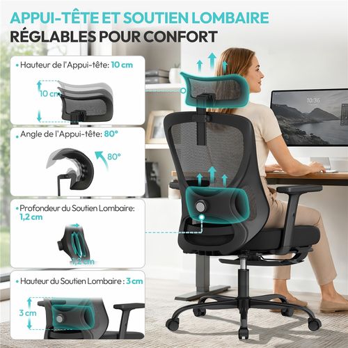 Chaise De Bureau Ergonomique En Maille Respirante Avec Appui-tête, Repose-pieds Et Charge 150 Kg