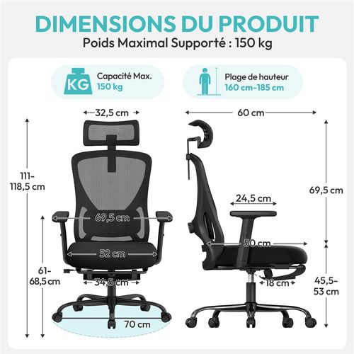 Chaise De Bureau Ergonomique En Maille Respirante Avec Appui-tête, Repose-pieds Et Charge 150 Kg