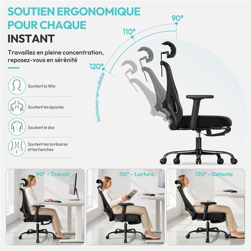 Chaise De Bureau Ergonomique En Maille Respirante Avec Appui-tête, Repose-pieds Et Charge 150 Kg