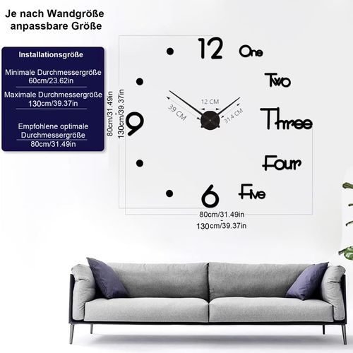 Horloge Murale 80-130 Cm, Diy, La Position Des Chiffres Adjustable, Acrylique, Non Toxique, Noir
