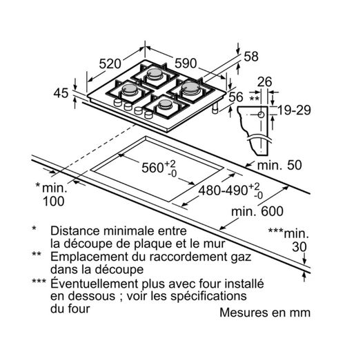 Plaque de cuisson Gaz 4 foyers dessus Verre - T26pip4s0