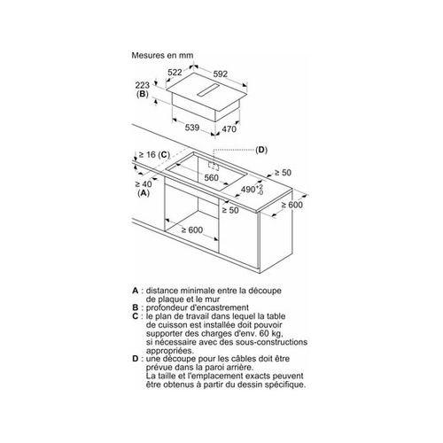 Table Induction Aspirante 60 Cm Noire, 4 Zones, Combizone