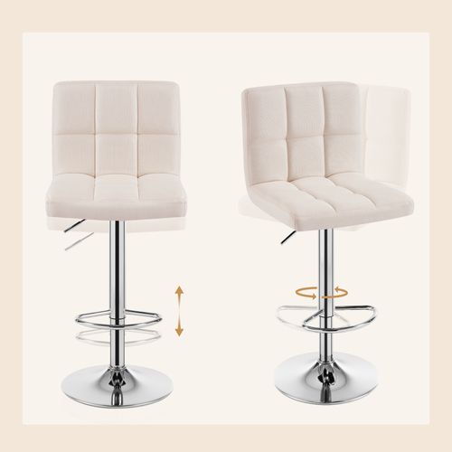 Lot De 2 Tabouret De Bar En Lin - Réglage En Hauteur Avec Dossier - Crème