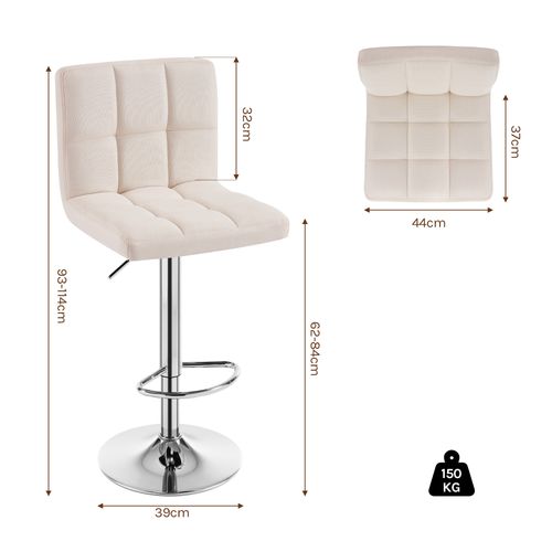 Lot De 2 Tabouret De Bar En Lin - Réglage En Hauteur Avec Dossier - Crème