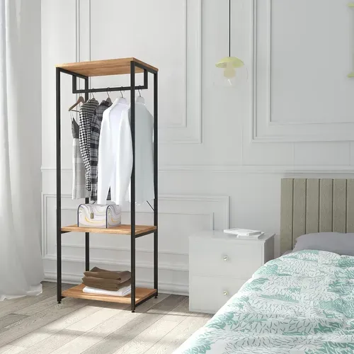 Armoire De Rangement - Métal Et Bois - Noir Et Chêne Clair - 60 X 40 X 167 cm