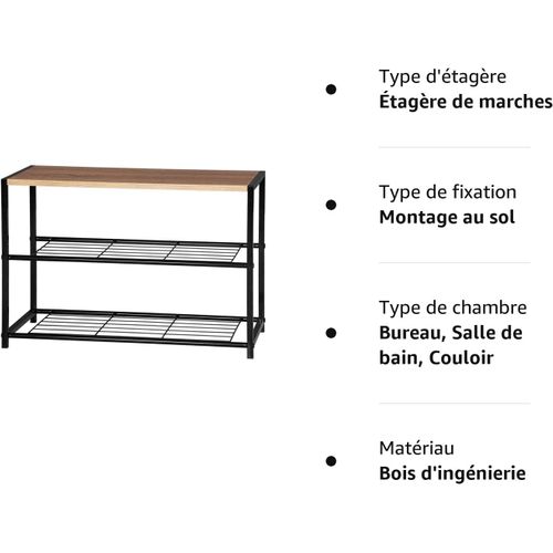 Meuble De Rangement Pour 6 Paires.Banc Etagère à Chaussures Avec 2 Étagères.Étagère En Bois+Métal