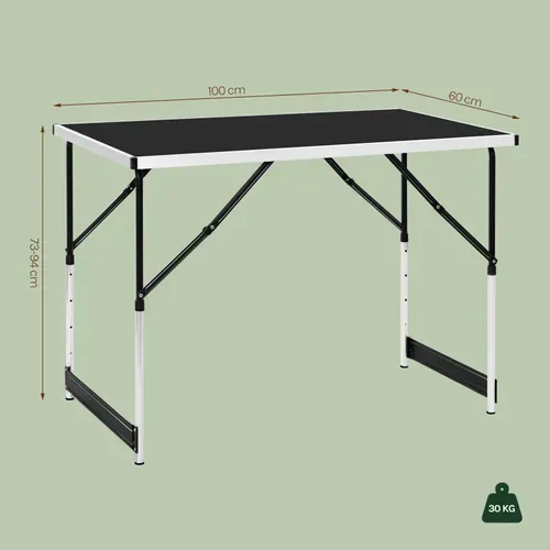 Table De Camping Pliante. Table De Jardin. Réglable En Hauteur. En Aluminium Acier Mdf. Noir