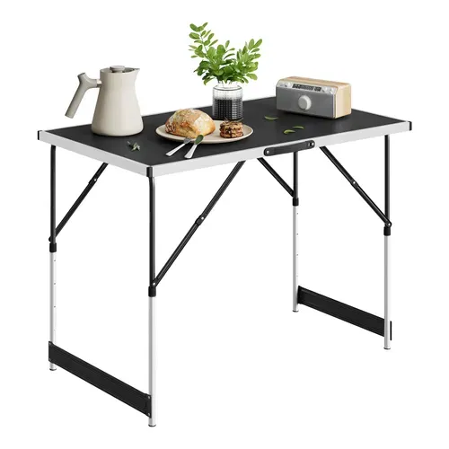 Table De Camping Pliante. Table De Jardin. Réglable En Hauteur. En Aluminium Acier Mdf. Noir