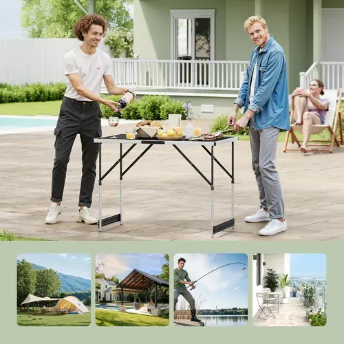 Table De Camping Pliante. Table De Jardin. Réglable En Hauteur. En Aluminium Acier Mdf. Noir