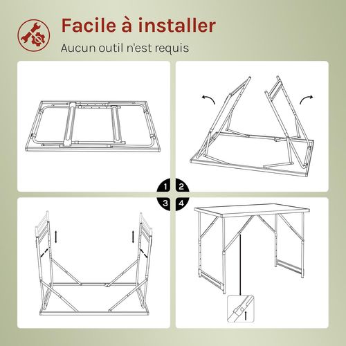 Table De Camping Pliante. Table De Jardin. Réglable En Hauteur. En Aluminium Acier Mdf. Noir