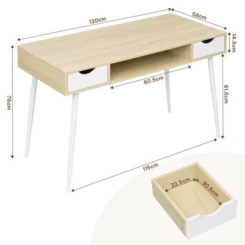 Bureau D'ordinateur En Métal+Bois.Table De Bureau Avec 2 Tiroirs Et 1 Compartiment Ouvert.Chêne